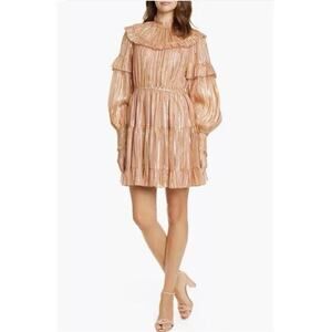 Ulla Johnson Averil Ruffle Georgette Dress Size 8 Rose and Gold Metallic Silk